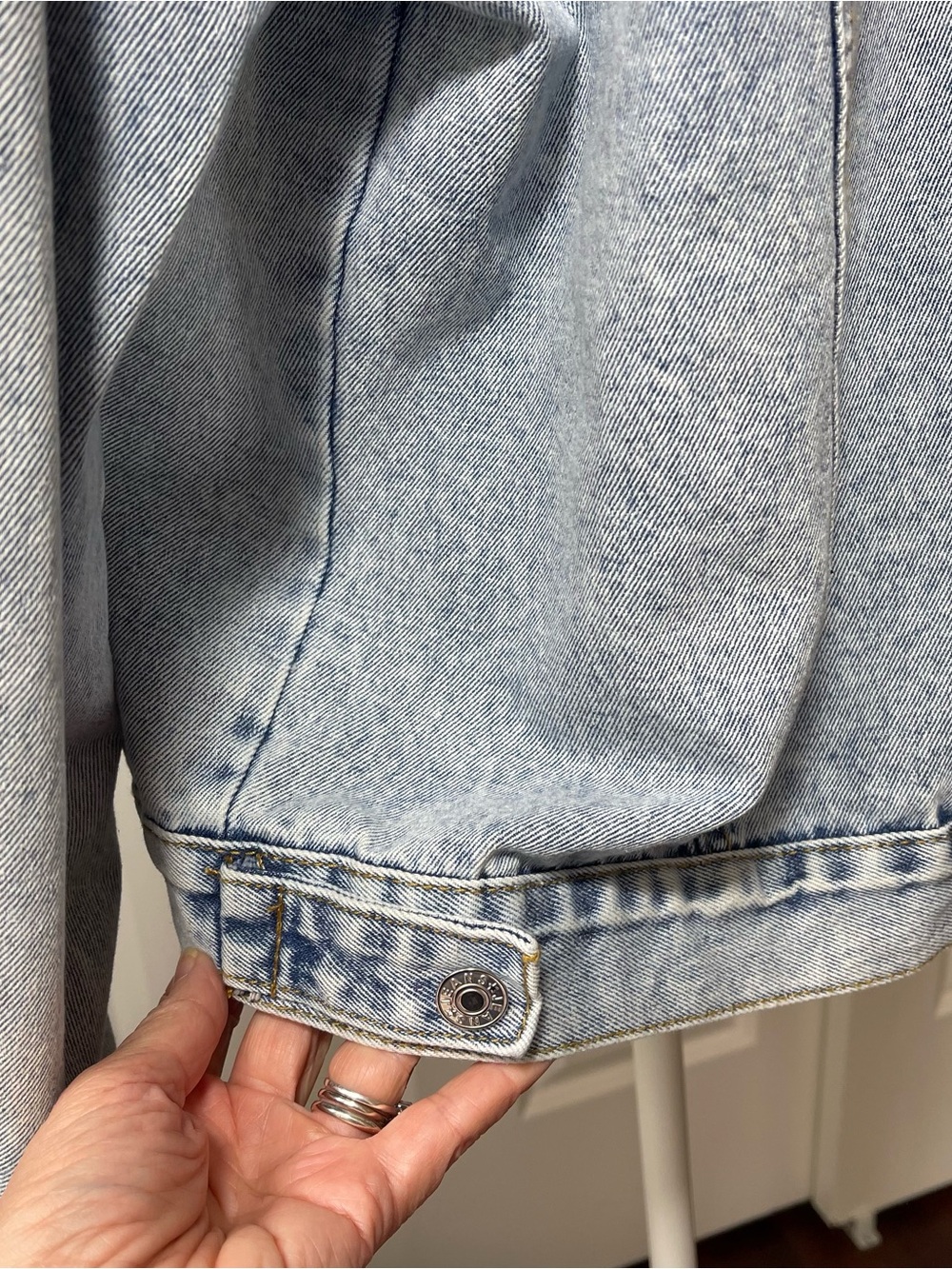 Denim Pearl Embellished Jean Jacket Chest Pockets Stone Washed Light Blue XL - Picture 9 of 13